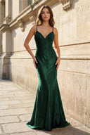 Dark Green V Neck Mermaid Satin Beaded Long Prom Dresses With Appliques - KissProm