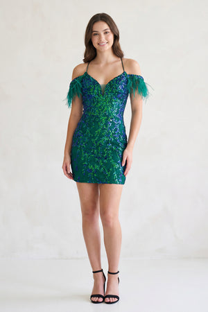 Dark Green Sequin-Embroidery Lace-Up Short Cocktail Dress - KISSPROM