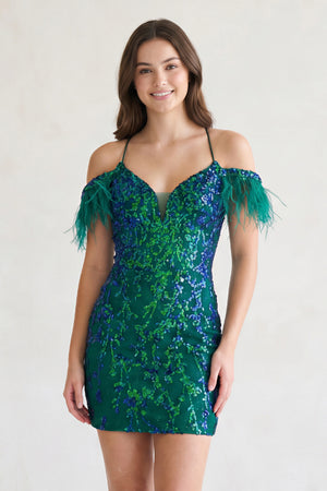 Dark Green Sequin-Embroidery Lace-Up Short Cocktail Dress - KISSPROM
