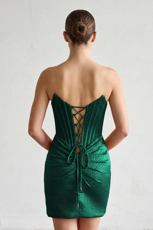 Dark Green Strapless Satin Bodycon Short Homecoming Dresses With Beading - KISSPROM