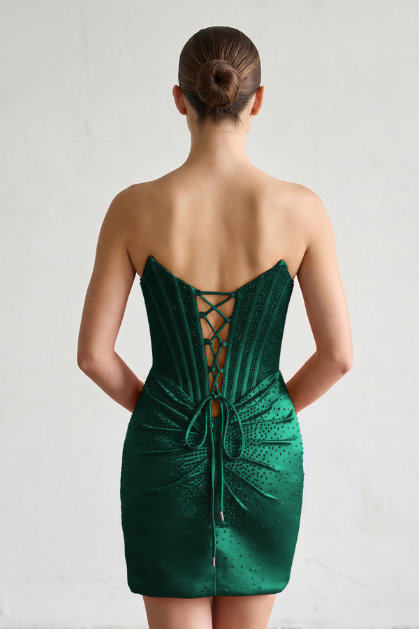 Dark Green Strapless Satin Bodycon Short Homecoming Dresses With Beading - KISSPROM