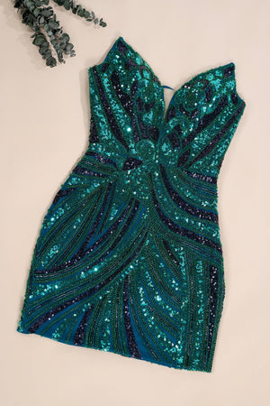 Dark Green Strapless V Neck Sequins Bodycon Short Homecoming Dresses - KISSPROM