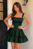 Zinovia Black A Line Satin Square Neck Ruffles Short Homecoming Dresses - KissProm