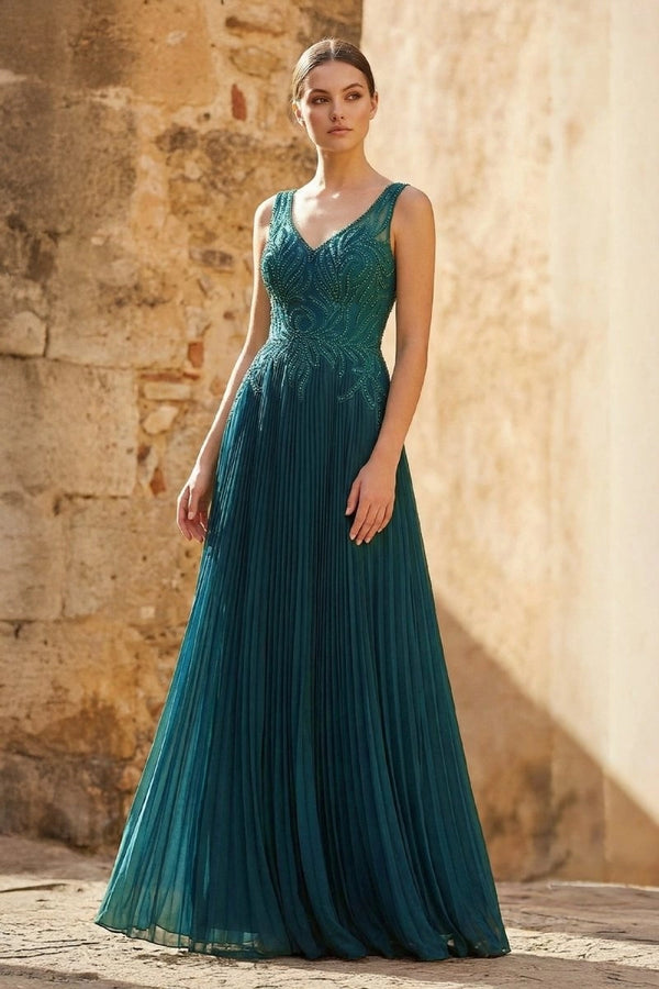 KissProm Dark Green A-line V-neck Chiffon Prom Dress, Dark Green / 14