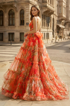 KissProm-Orange Two Piece V-Neck Floral Printed Long Prom Dress
