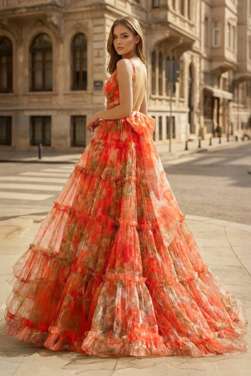 Orange Two Piece V-Neck Floral Printed Long Prom Dress Orange Two Piece V-Neck Floral Printed Long Prom Dress
