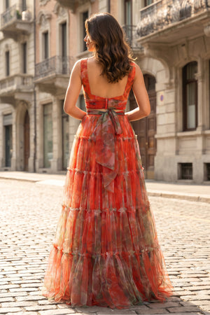 Orange Two Piece V-Neck Floral Printed Long Prom Dress – Dress by KissProm | Available at KissProm