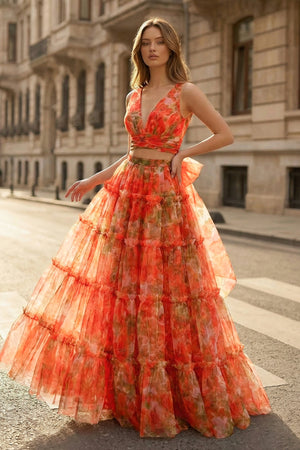 KissProm-Orange Two Piece V-Neck Floral Printed Long Prom Dress