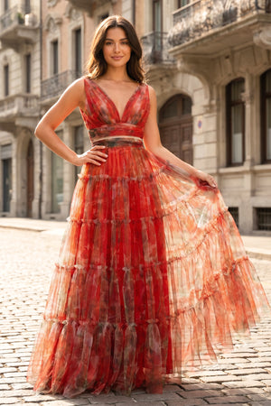 Orange Two Piece V-Neck Floral Printed Long Prom Dress – Dress by KissProm | Available at KissProm
