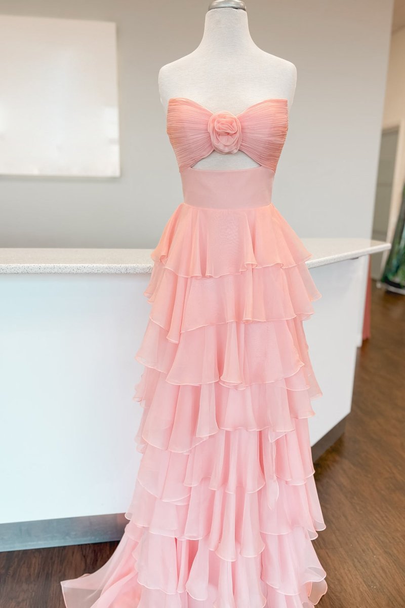 Kissprom-Darlin Pink A-Line Strapless V-Neck Layered Chiffon Sleeveless Formal Prom Dress