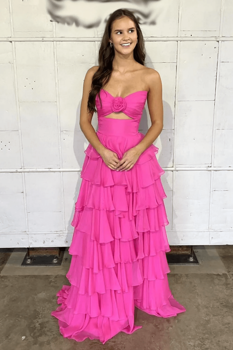 Kissprom-Darlin Fuchsia A-Line Strapless V-Neck Layered Chiffon Sleeveless Formal Prom Dress