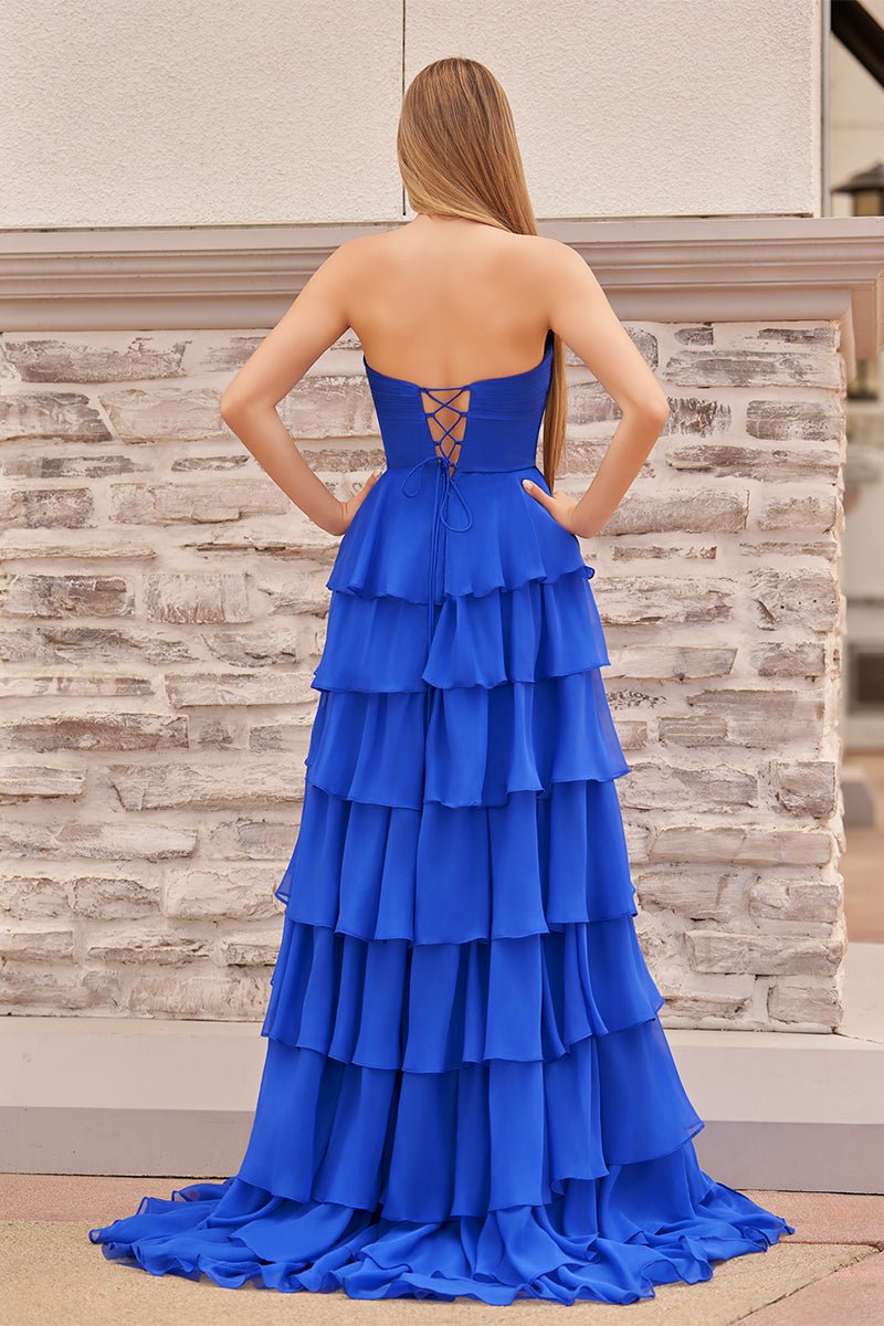 Kissprom-Darlin Royal Blue A-Line Strapless V-Neck Layered Chiffon Sleeveless Formal Prom Dress