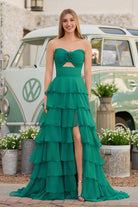Kissprom-Darlin Green A-Line Strapless V-Neck Layered Chiffon Sleeveless Formal Prom Dress