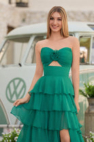 Kissprom-Darlin Green A-Line Strapless V-Neck Layered Chiffon Sleeveless Formal Prom Dress