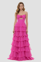 Kissprom-Darlin Fuchsia A-Line Strapless V-Neck Layered Chiffon Sleeveless Formal Prom Dress