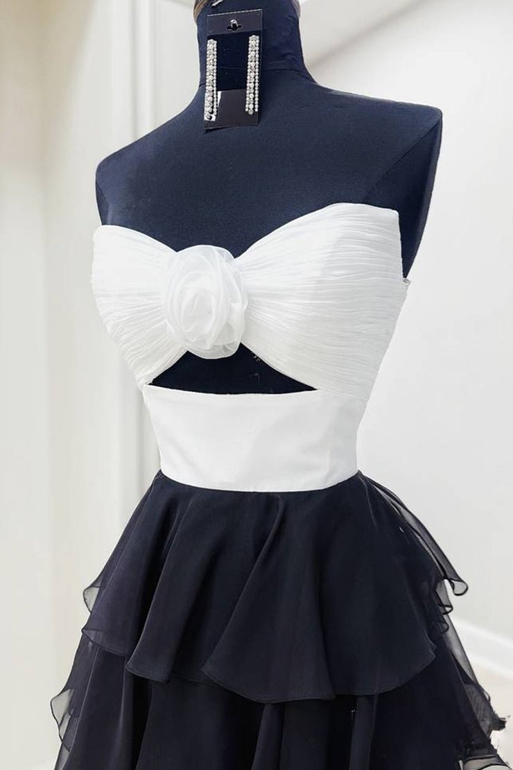 Kissprom-Darlin White-Black A-Line Strapless V-Neck Layered Chiffon Sleeveless Formal Prom Dress