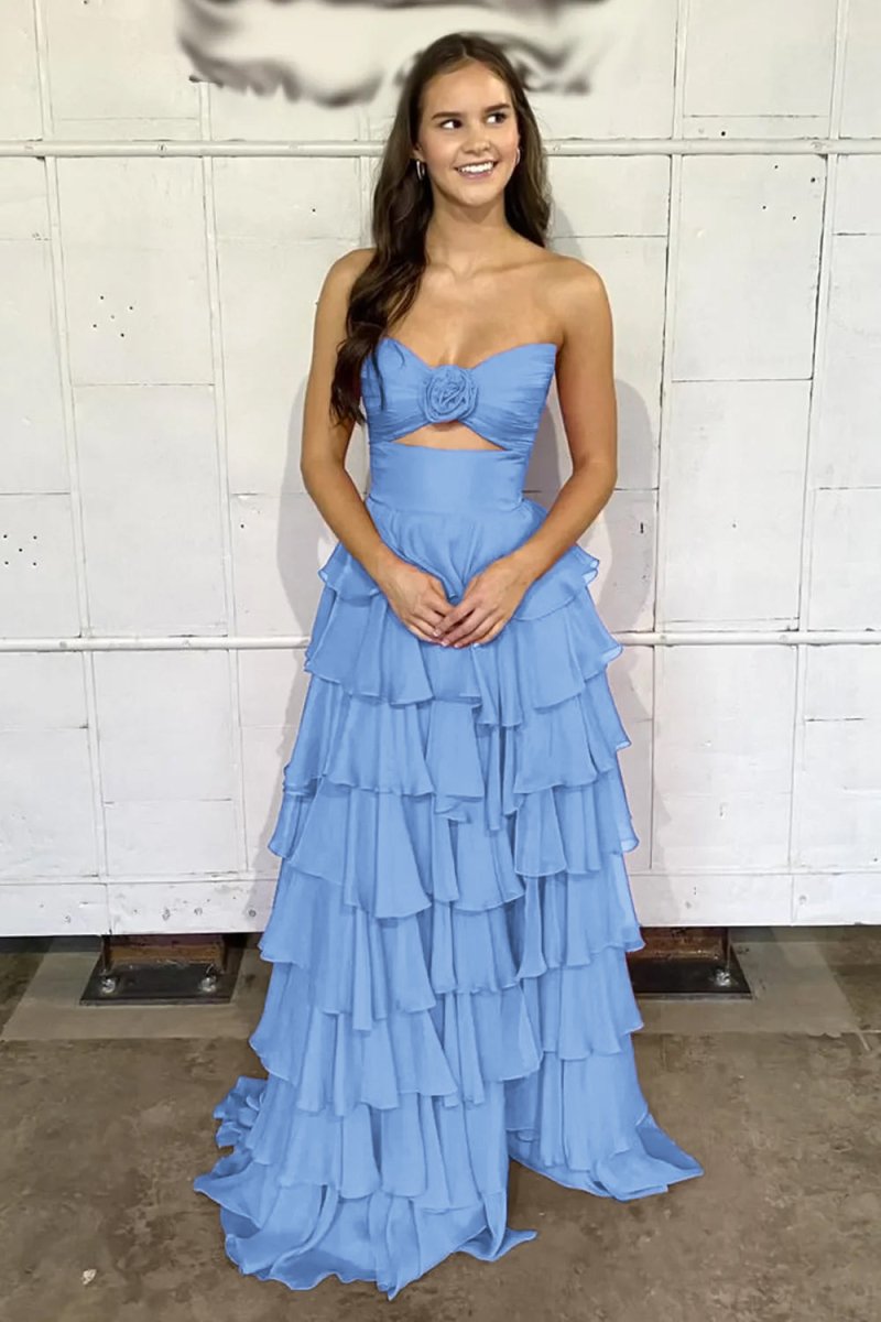 Kissprom-Darlin Sky Blue A-Line Strapless V-Neck Layered Chiffon Sleeveless Formal Prom Dress