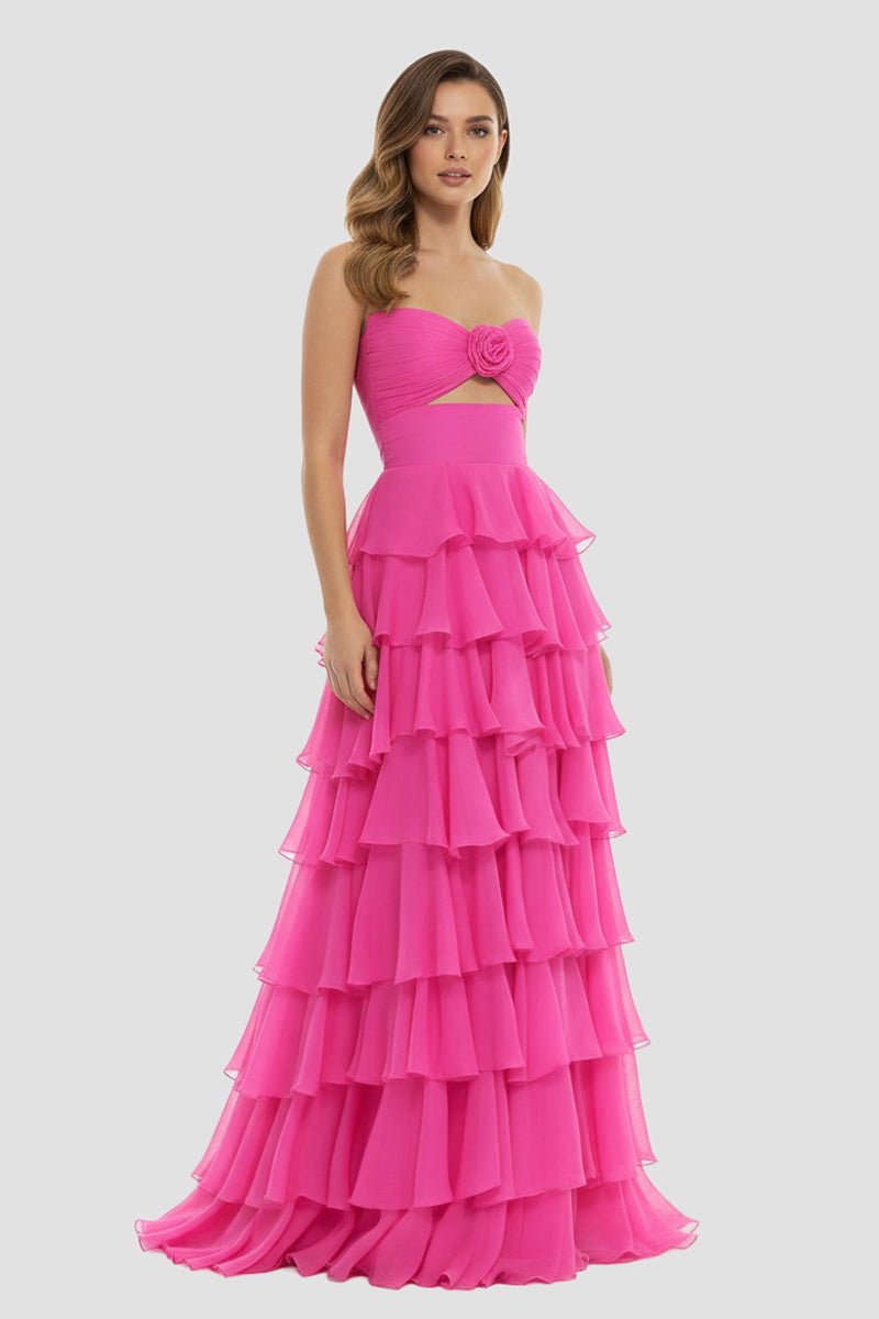 Kissprom-Darlin Fuchsia A-Line Strapless V-Neck Layered Chiffon Sleeveless Formal Prom Dress