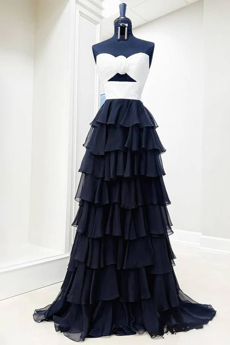 Kissprom-Darlin White-Black A-Line Strapless V-Neck Layered Chiffon Sleeveless Formal Prom Dress