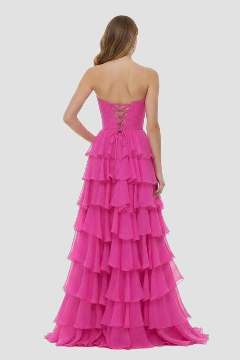 Kissprom-Darlin Fuchsia A-Line Strapless V-Neck Layered Chiffon Sleeveless Formal Prom Dress