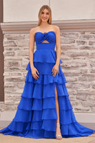 Kissprom-Darlin Royal Blue A-Line Strapless V-Neck Layered Chiffon Sleeveless Formal Prom Dress