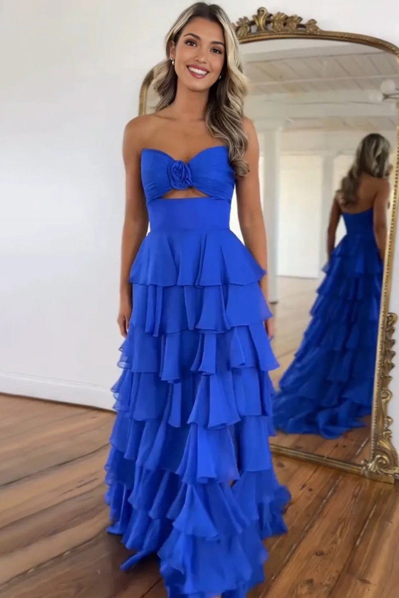 Kissprom-Darlin Royal Blue A-Line Strapless V-Neck Layered Chiffon Sleeveless Formal Prom Dress