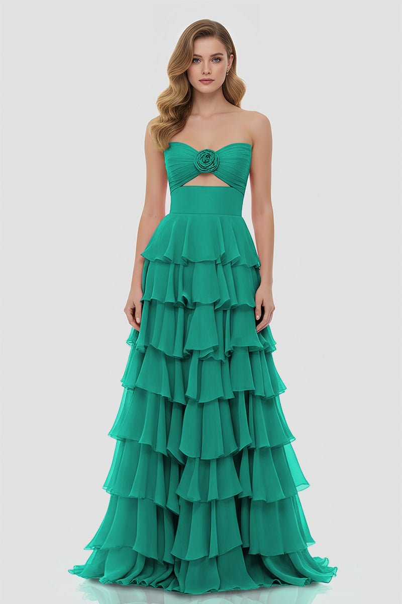 Darlin | A - Line Strapless V - Neck Layered Chiffon Sleeveless Formal Prom Dress - KissProm