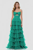 Darlin | A - Line Strapless V - Neck Layered Chiffon Sleeveless Formal Prom Dress - KissProm