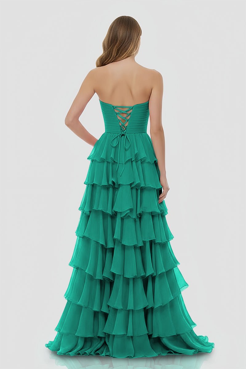 Darlin | A - Line Strapless V - Neck Layered Chiffon Sleeveless Formal Prom Dress - KissProm