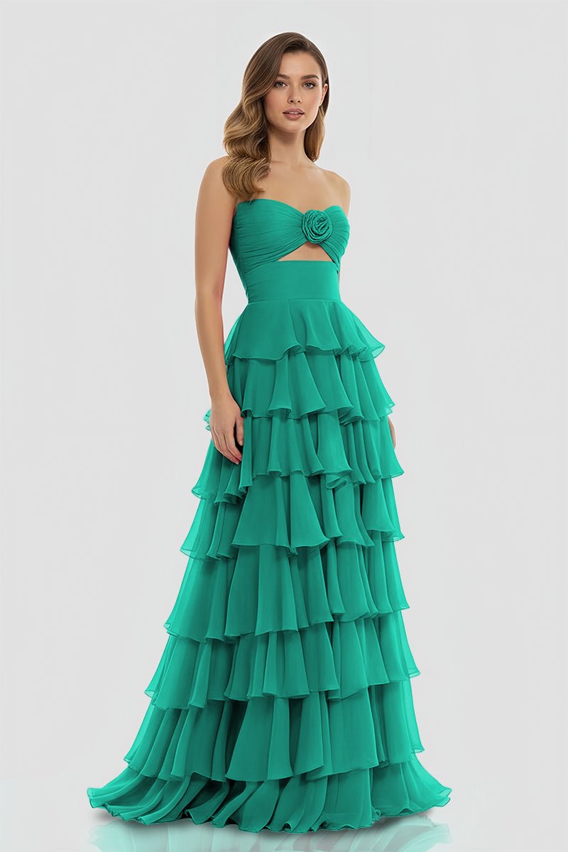 Darlin | A - Line Strapless V - Neck Layered Chiffon Sleeveless Formal Prom Dress - KissProm