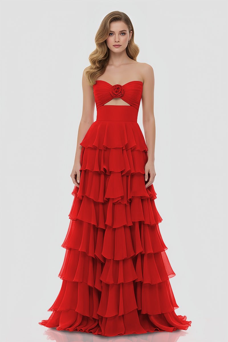 Darlin | A - Line Strapless V - Neck Layered Chiffon Sleeveless Formal Prom Dress - KissProm