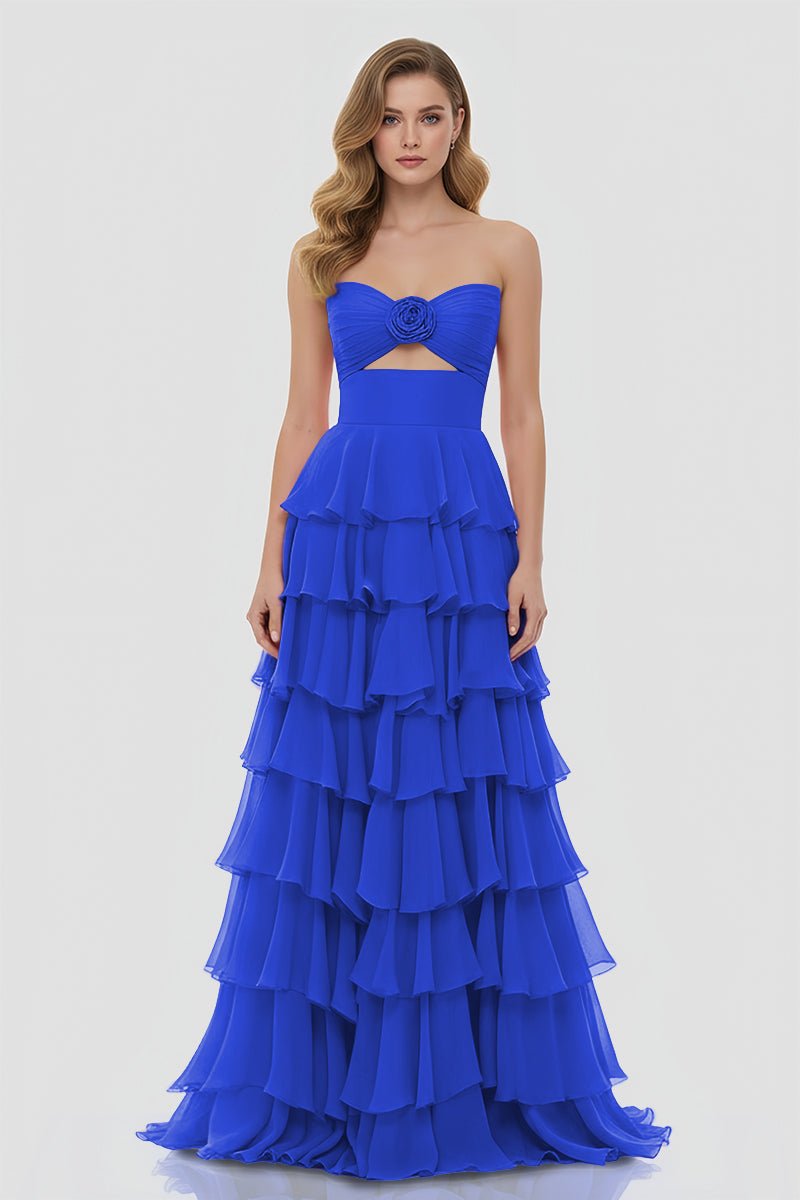 Darlin | A - Line Strapless V - Neck Layered Chiffon Sleeveless Formal Prom Dress - KissProm