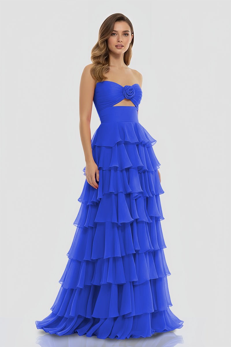 Darlin | A - Line Strapless V - Neck Layered Chiffon Sleeveless Formal Prom Dress - KissProm