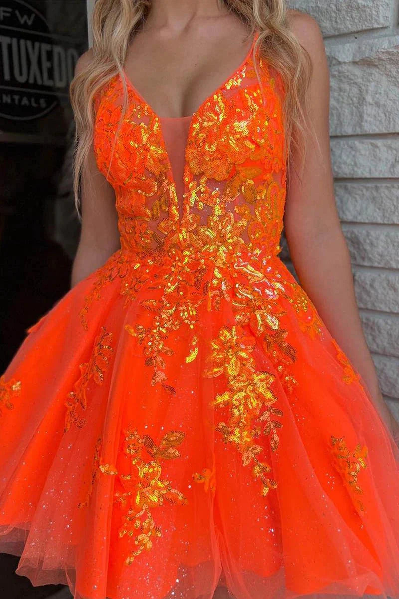 Lace Plunge V Backless A-Line Short Homecoming Dress, Orange / 2 / Tulle Lace Plunge V Backless A-Line Short Homecoming Dress, Orange / 2 / Tulle