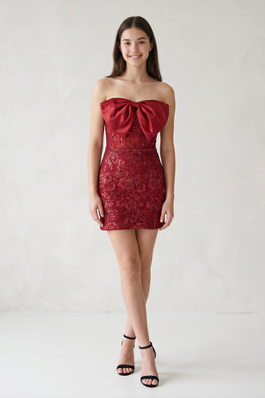 Burgundy - Bodycon Sequined Lace Strapless Corset Homecoming Dresses with Bow – Homecoming Dresses by KissProm | Available at KissProm