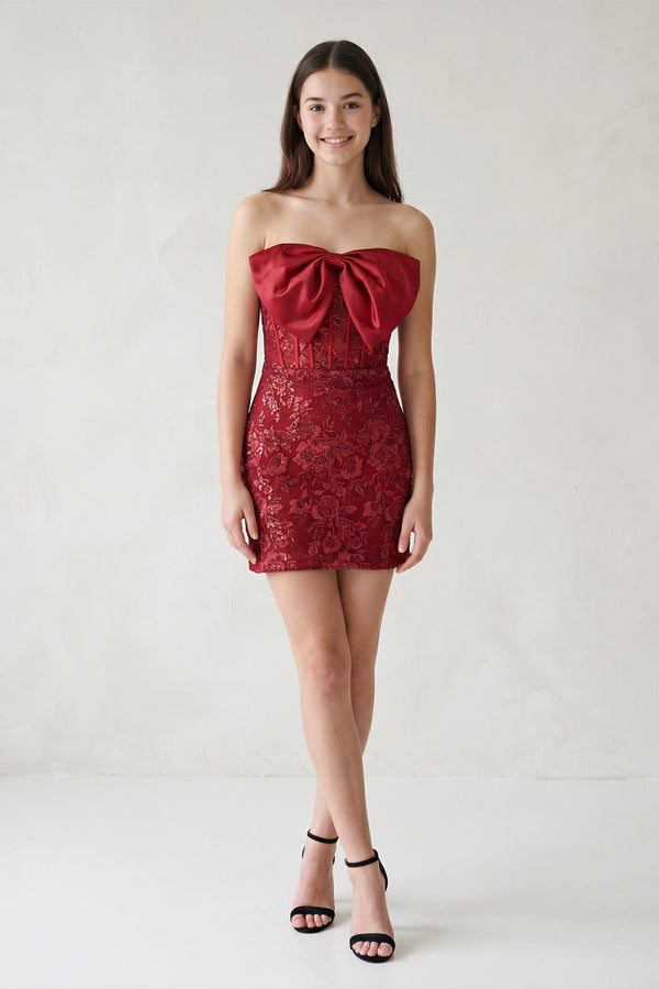Burgundy - Bodycon Sequined Lace Strapless Corset Homecoming Dresses with Bow – Homecoming Dresses by KissProm | Available at KissProm