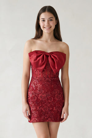 Burgundy - Bodycon Sequined Lace Strapless Corset Homecoming Dresses with Bow – Homecoming Dresses by KissProm | Available at KissProm
