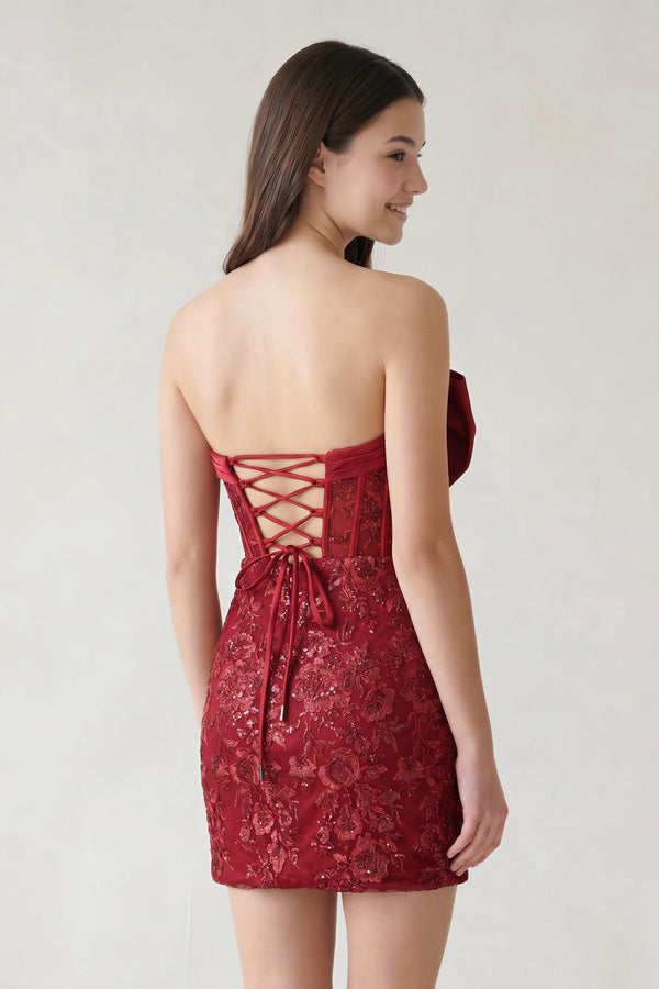 Burgundy - Bodycon Sequined Lace Strapless Corset Homecoming Dresses with Bow – Homecoming Dresses by KissProm | Available at KissProm
