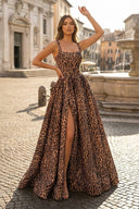 Dazira | Leopard - Square Neck Satin A Line Long Prom Dresses With Slit - KissProm