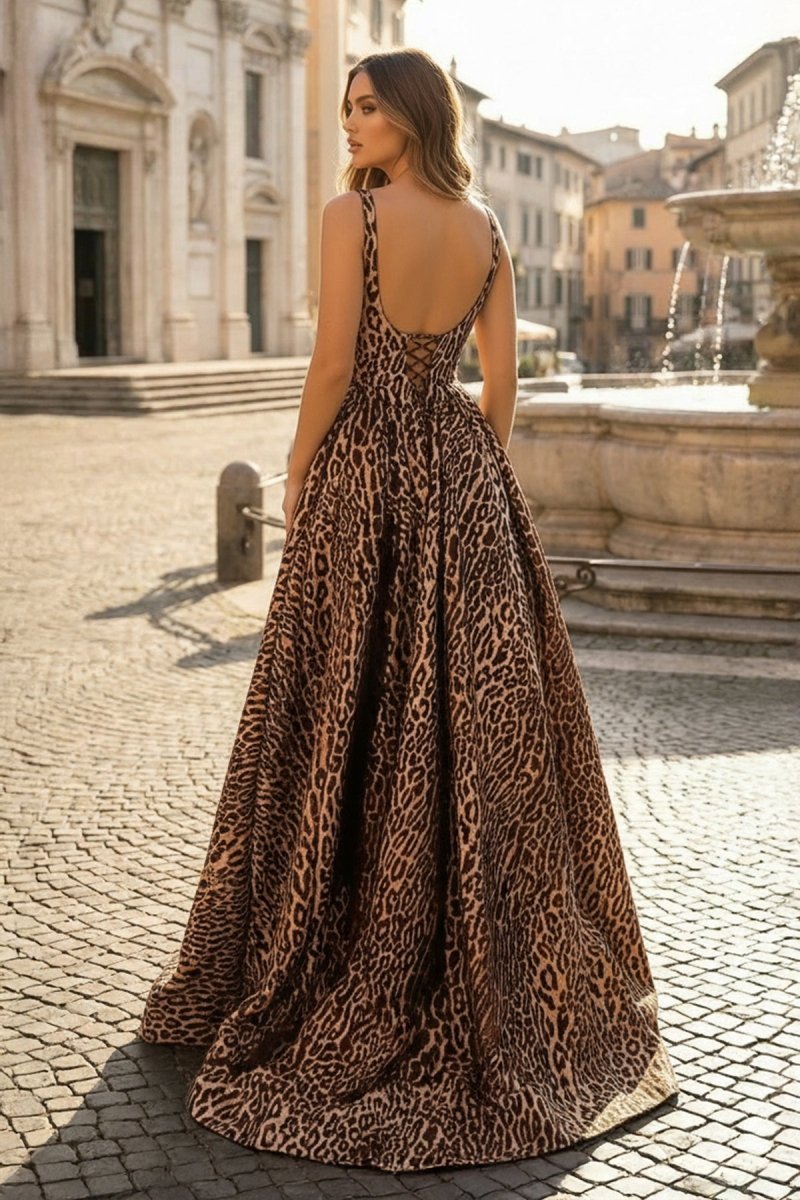 KissProm Leopard Square Neck Satin A Line Long Prom Dresses With Slit, Leopard / 12
