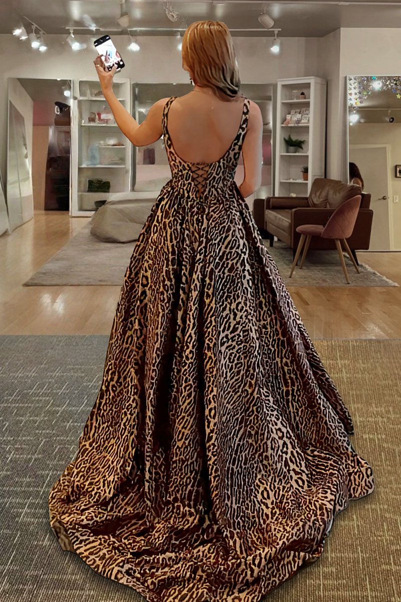 Leopard Square Neck Satin A Line Long Prom Dresses With Slit Leopard / 12 Leopard Square Neck Satin A Line Long Prom Dresses With Slit Leopard / 12