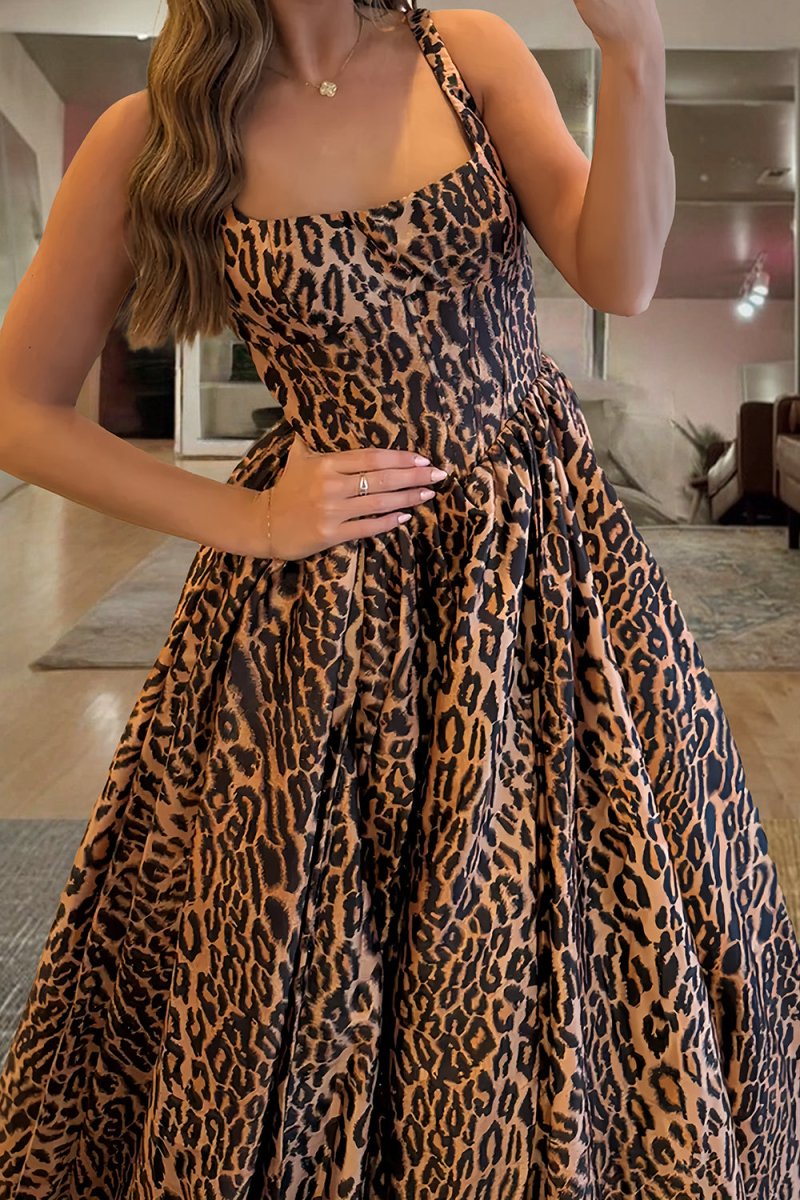 Dazira | Leopard - Square Neck Satin A Line Long Prom Dresses With Slit - KissProm