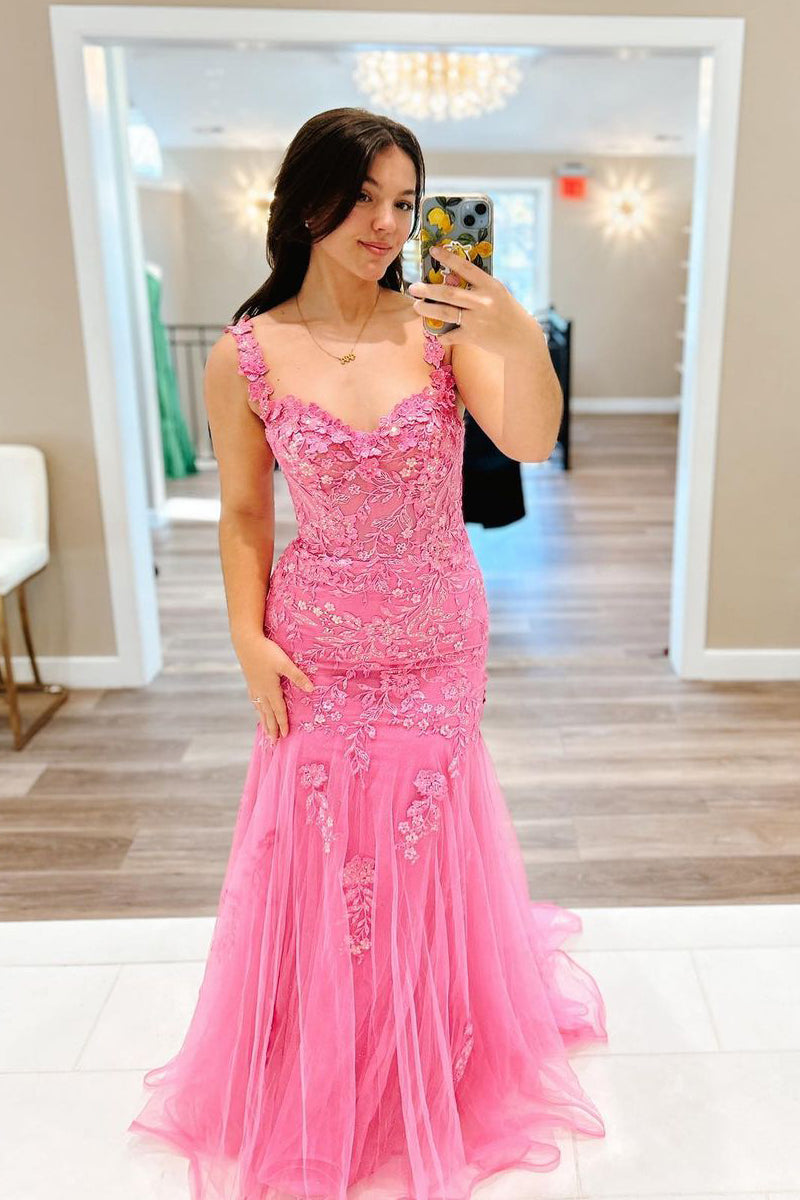 Suzanne | Pink Mermaid Off the Shoulder Tulle Long Prom Dress with Appliques