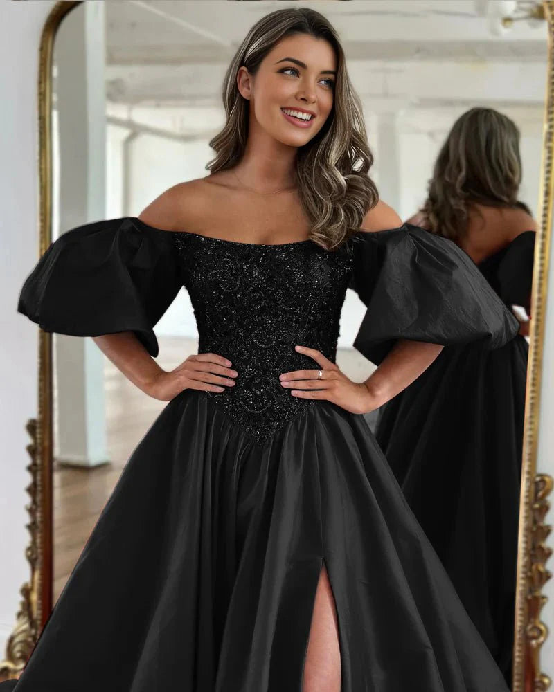 A-Line Off The Shoulder Taffeta Prom Dress with Short Puffy Sleeves, Black / 4 A-Line Off The Shoulder Taffeta Prom Dress with Short Puffy Sleeves, Black / 4