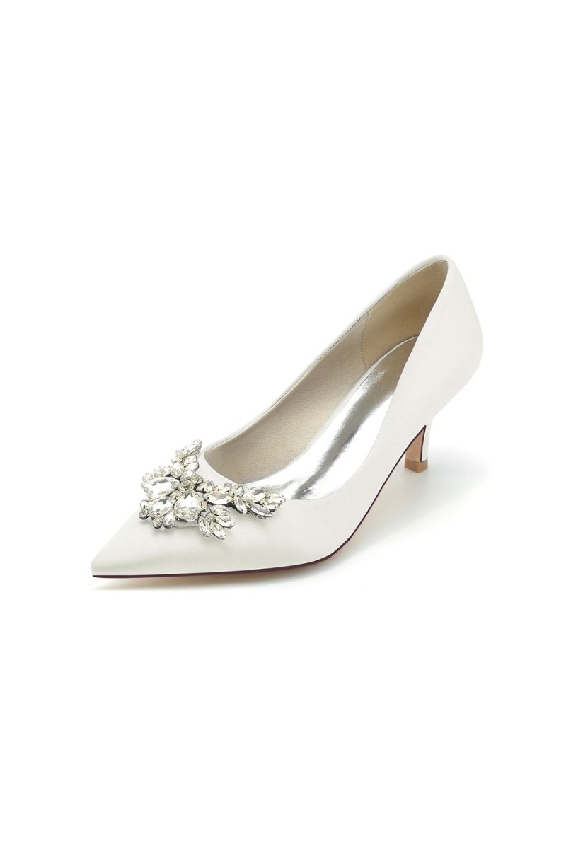 Rhinestone Pointed Toe Satin Kitten Heels - KissProm