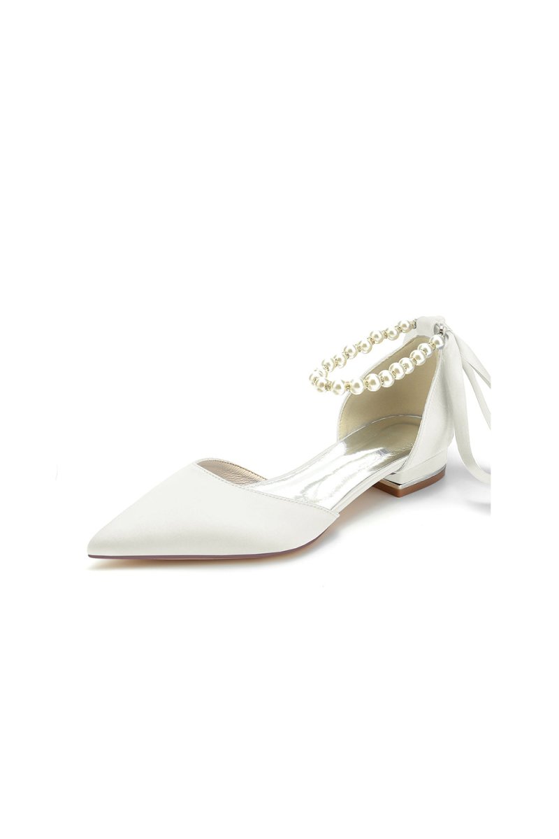 Pearl Ribbon Pointed Toe Ankle Strap Kitten Heels - KissProm