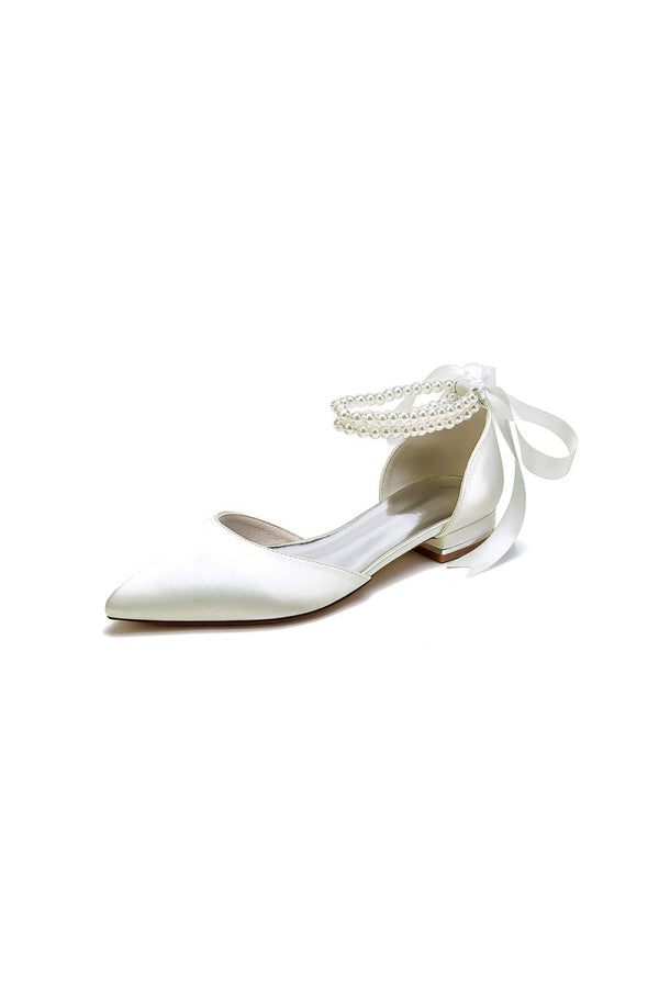 Pointed Toe Pearl Ribbon Ankle Strap Kitten Heels - KissProm