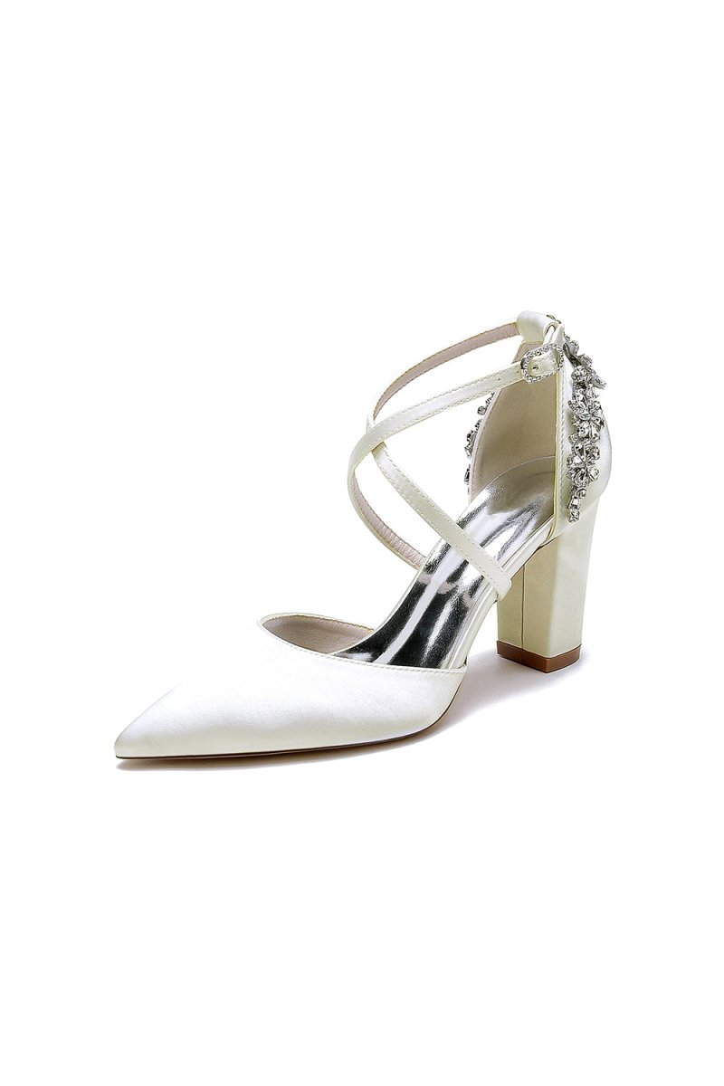 White Satin Pump with Cross - Strap and Metal Accent - KissProm