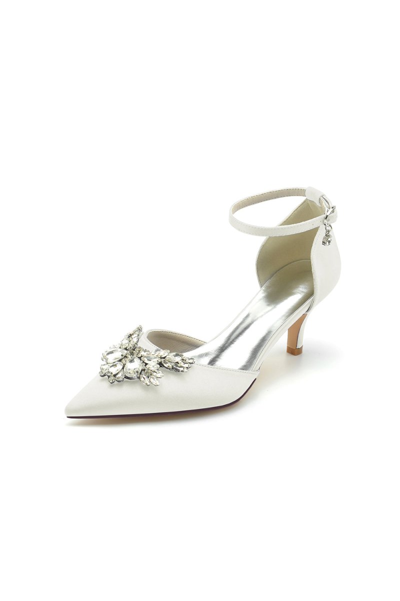 Pointed Toe Satin Kitten Heels With Rhinestone - KissProm