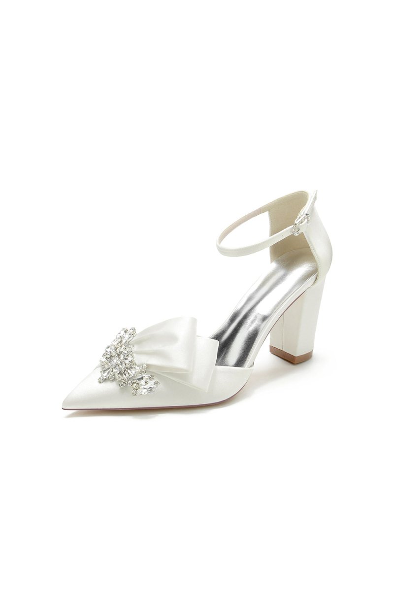 White Satin Heels Featuring a Large Decorative Bow and Metallic Heel - KissProm